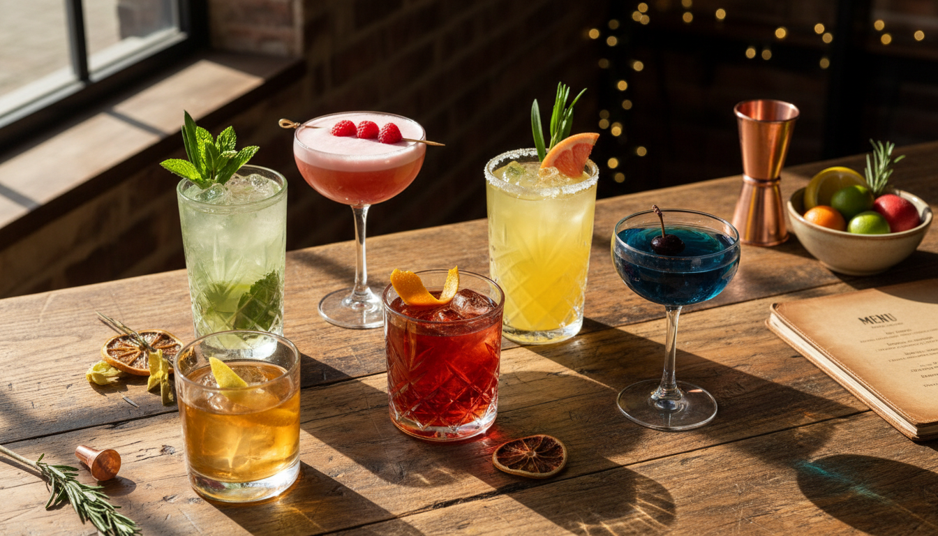 Overhead shot of cocktails on a rustic wooden bar counter